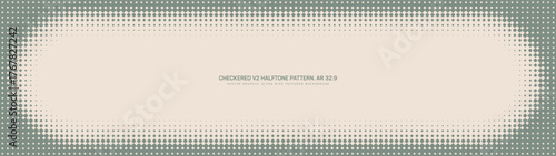 Checkered grid halftone pattern rounded frame ultra wide 32:9 aspect ratio pale green vector abstract background. Chequered half tone panoramic ultrawide format retro styled graphical abstraction