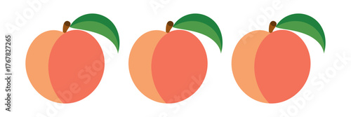 Ripe peaches trio, rounded fruits with leaves, soft blush skin, farm harvest illustration, natural food clipart vector