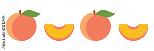 Peach fruit icons, whole peach with leaf, crescent slice, juicy wedges, summer produce graphic, clean vector illustration