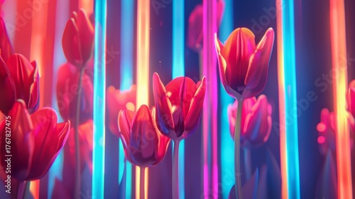 Neon tulips with lines 3D illustration.