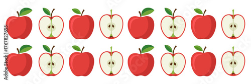 Apple border pattern, repeating whole and half fruits, cute seed centers, seamless decorative strip, classroom poster vector