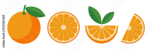 Orange fruit assortment, whole orange with leaf, juicy round slice, wedge segment, breakfast vitamin graphic vector