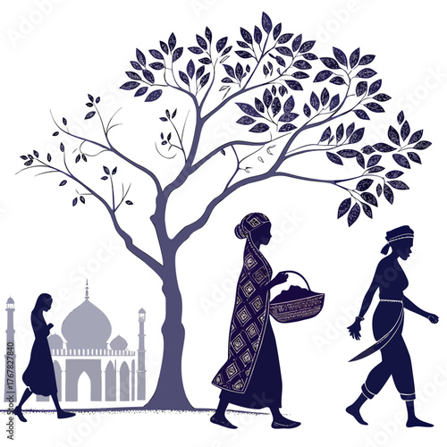Silhouette of women walking near a tree and a building