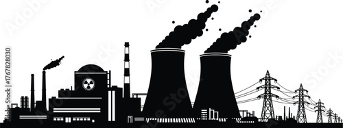 Silhouette Illustration of a Nuclear Power Plant with Cooling Towers, Reactor Building, Transmission Lines, and Industrial Infrastructure for Energy Education
