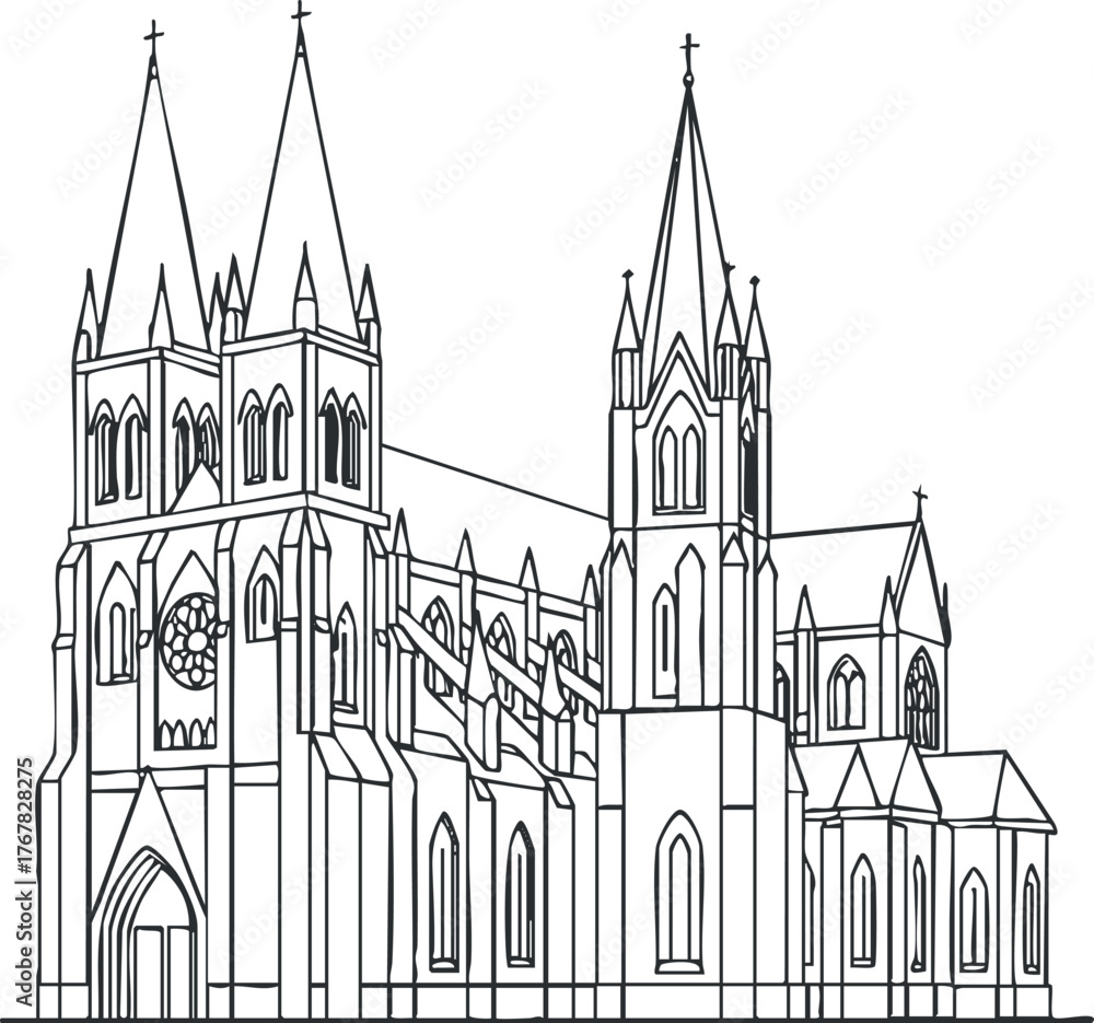 Fototapeta premium A detailed line art illustration of a gothic cathedral with multiple spires and intricate architecture.