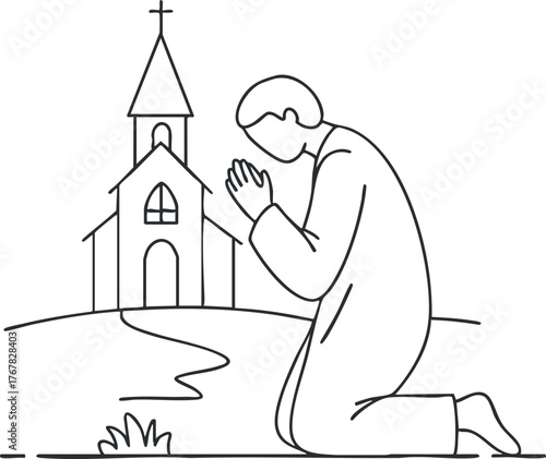 A man kneeling in prayer in front of a church silhouette in a peaceful landscape.
