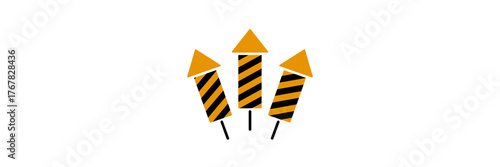 Yellow black rocket trio, fireworks icons, energetic celebration theme, carnival party illustration, striped bodies, modern minimal vector