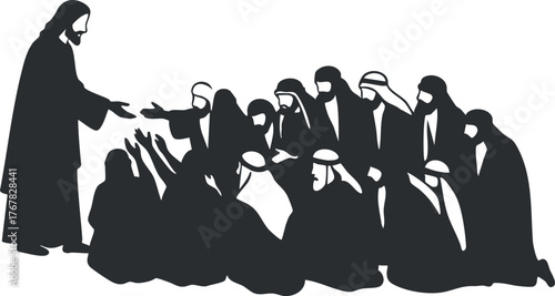 A silhouette of Jesus interacting with a crowd, symbolizing faith, outreach, and community.