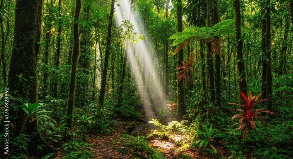 Fototapeta premium Sunlight Piercing Through the Lush Green Canopy of a Tropical Rainforest.