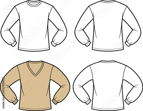Long sleeve shirt vector, v-neck sweater design, fashion apparel flat technical drawing