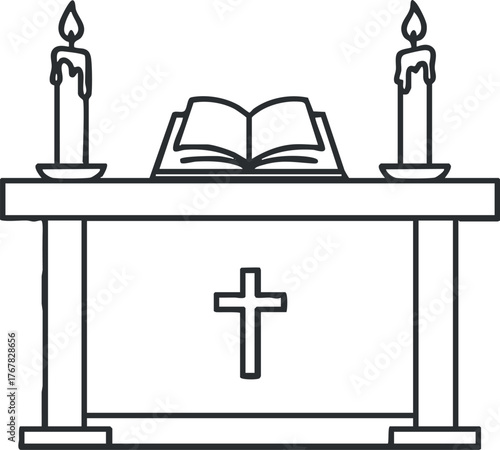 A simple drawing of a religious altar with candles and an open bible featuring a cross.