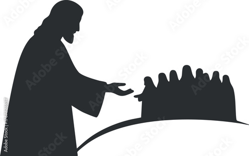 Silhouette of Jesus reaching out to a crowd, symbolizing teaching and spiritual connection.