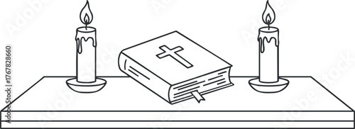 An illustration of a Bible placed on an altar with lit candles, symbolizing faith and spirituality.