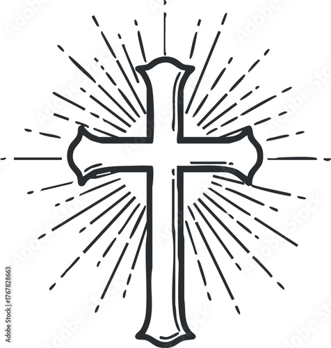 A stylized cross with rays of light emanating from it symbolizing faith and spirituality.
