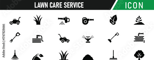 Lawn care service icon set. Including Lawn Mower, Grass, Leaf Blower, Sprinkler, Hedge Trimmer, Garden Hose, Wheelbarrow, Shovel, Rake, Tree. Vector silhouette illustration