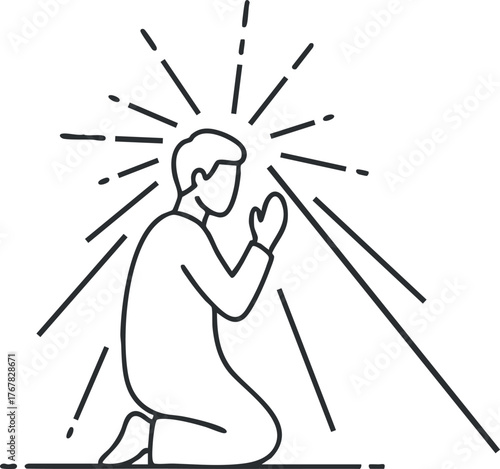 A silhouette of a person kneeling in prayer with rays of light symbolizing hope and spirituality.