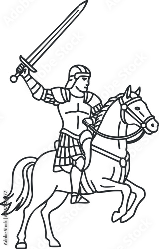 A detailed illustration of a knight on horseback wielding a sword in a dynamic pose