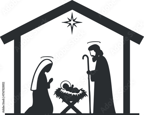 A silhouette depicting the nativity scene with Mary Joseph and baby Jesus in a manger.