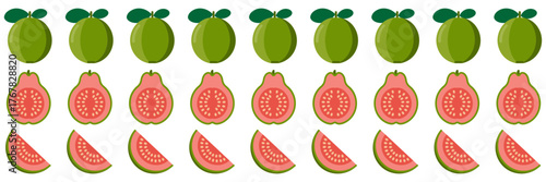 Guava slice border, repeating whole fruits with pink centers, tropical pattern strip, packaging trim, juice branding, vector clipart