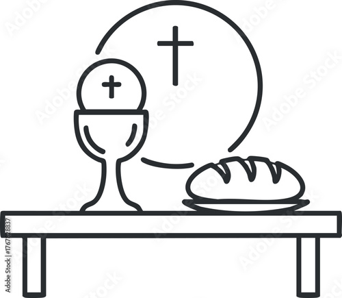 Illustration of a communion table featuring a chalice and bread symbolizing Christian sacrament.