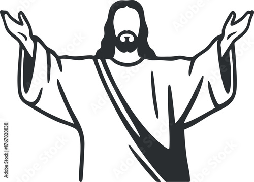 Outline illustration of Jesus Christ with arms outstretched symbolizing welcome and acceptance.