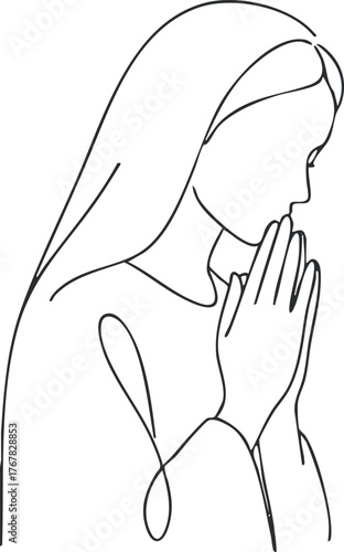 A minimalist line drawing of a person in prayer conveying serenity and spirituality.
