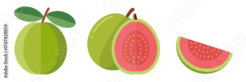Guava with leaves, whole fruit and juicy wedge, tropical agriculture graphic, farmers market label, natural food vector clipart