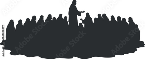 A silhouette of a crowd gathered around a figure, symbolizing unity and community engagement.