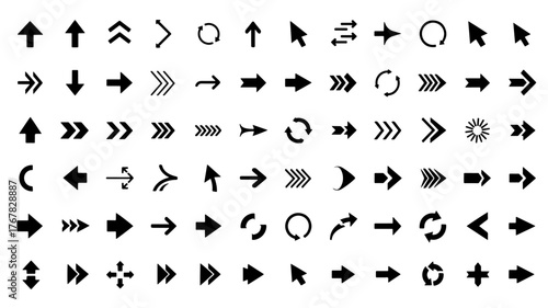A comprehensive collection of various arrow icons and symbols, showcasing different directions and styles.