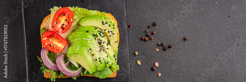 Avocado toast vegetable dish natural product tasty snack fresh delicious gourmet food background on the table rustic top view copy space keto and paleo diet vegan and vegan food