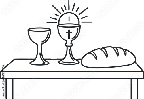Illustration of bread and wine on a table representing communion and spiritual significance.