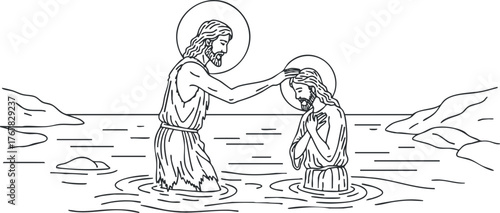 Jesus baptizing a figure in a river symbolizing faith and spiritual rebirth in Christianity.