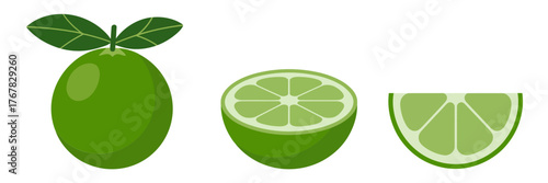 Whole lime with leaf, half and wedge pieces, fresh citrus collection, vitamin rich ingredient, healthy food vector