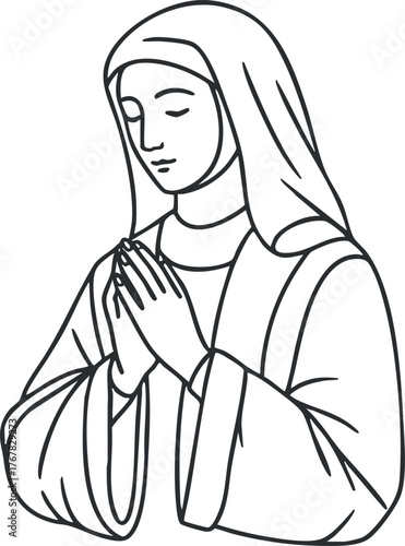 A line art illustration of a woman praying with her hands together in devotion.
