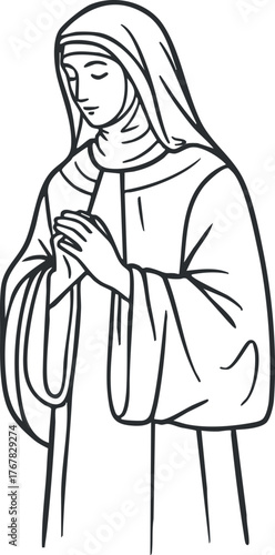 Line art illustration of a woman in prayer, embodying peace and spirituality.