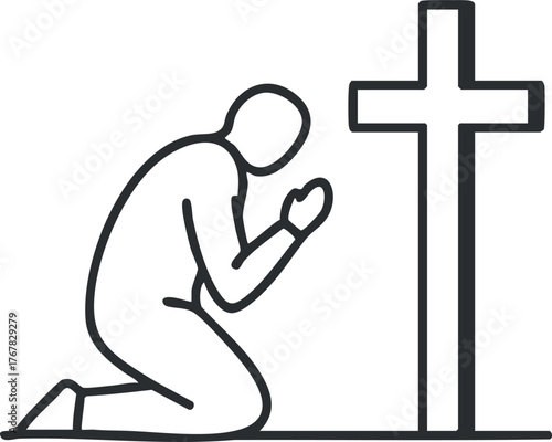A simple illustration of a person kneeling in prayer before a cross symbolizing faith and devotion.