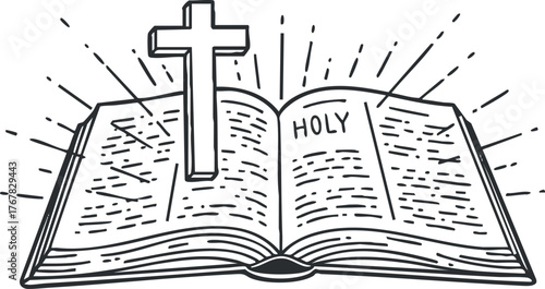 An open Bible with a cross symbolizing faith and spirituality in Christianity.