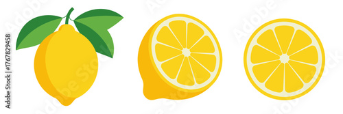 Single lemon with leaf, paired circular slices, clean food icon set, healthy cooking concept, modern flat vector