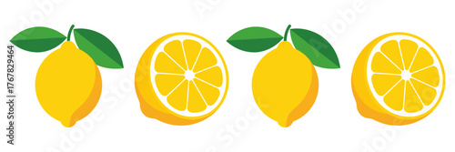 Lemon row set, whole citrus with leaves, juicy round slices, bright yellow palette, fresh vitamin rich ingredient, vector