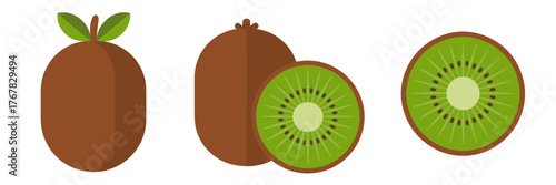 Whole kiwi with leaf, soft brown skin, green interior slice, tropical market produce icon set, healthy food vector