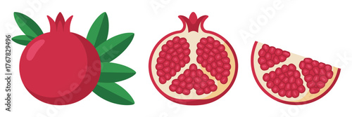 Pomegranate with leaves, glossy whole fruit, half open revealing arils, juicy wedge slice, organic dessert ingredient, vector illustration