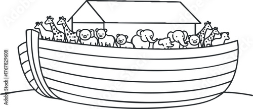 A playful illustration of a boat filled with various animals including giraffes and elephants.