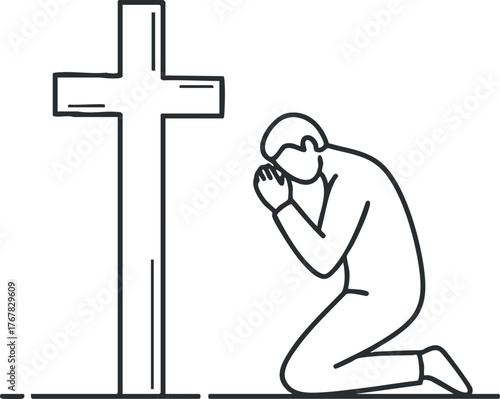 A person kneeling in prayer before a cross symbolizing faith and devotion.