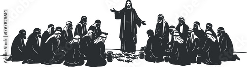 Illustration of Jesus teaching in a gathering with his disciples in black and white.