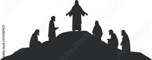 Silhouette of religious figures gathered on a mountain, symbolizing faith and spirituality.