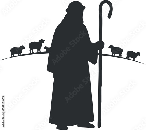 A silhouette of a shepherd standing with sheep in a pastoral landscape.