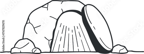 An abstract illustration of a rock formation featuring a large boulder and smaller stones.