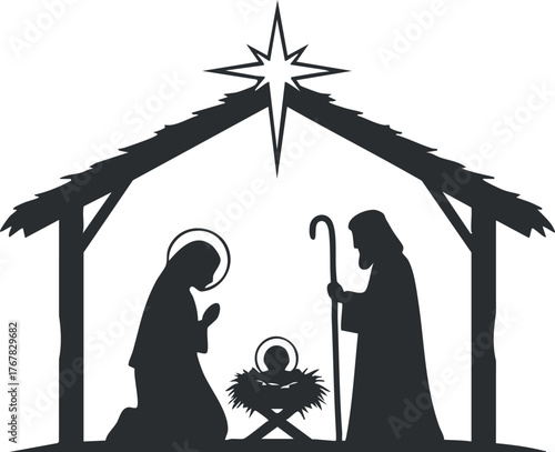 Silhouette of the nativity scene depicting Mary Joseph and baby Jesus in a manger.
