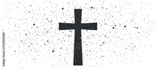 A silhouette of a cross surrounded by stars representing faith and spirituality in a mystical setting.