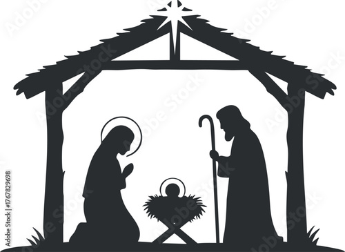 Silhouette of nativity scene featuring Mary, Joseph, and baby Jesus in a manger.